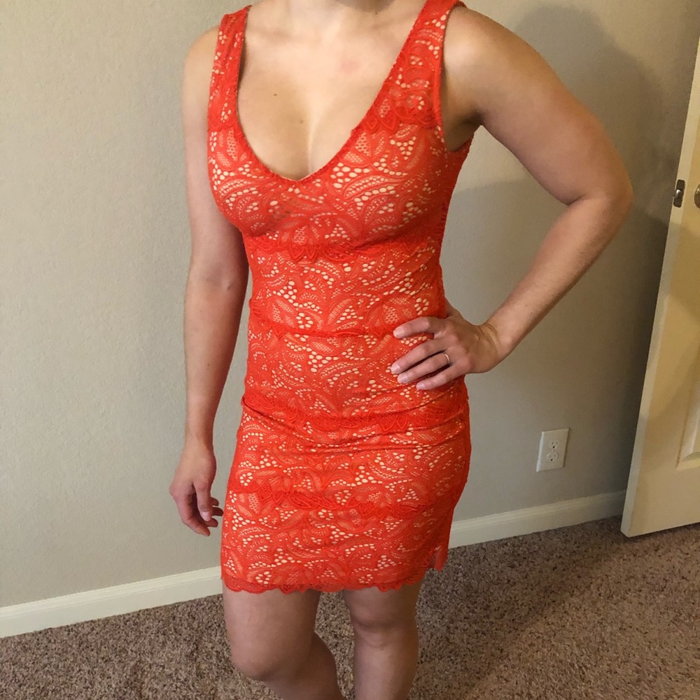 BEBE XS orange lace mini dress